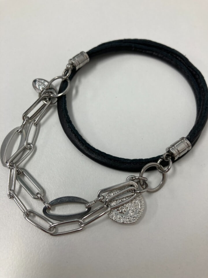 Bracelet cuir avec chaine argent - Bracelet empilé argent - Design Fixation