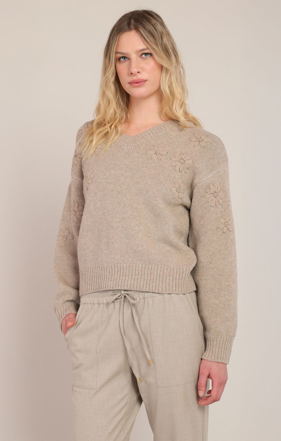 Tricot v neck broderie - 2827041 DG - Dex