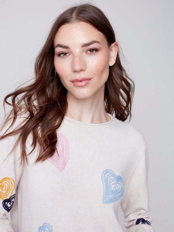 CHANDAIL TRICOT COL ROND COEURS BRODÉS