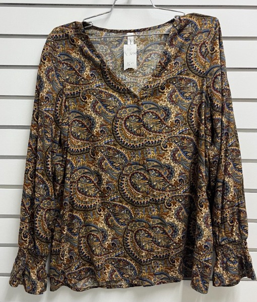 Blouse motif col en V manche longue élastique aux poignets