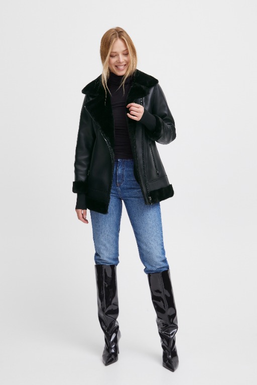 MANTEAU CHIC SIMILI CUIR ET FOURRURE