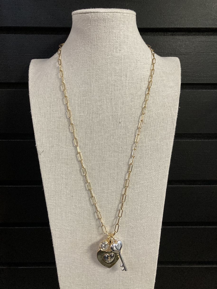 COLLIER LONG CHAINE GOURMETTE COEUR CLÉ