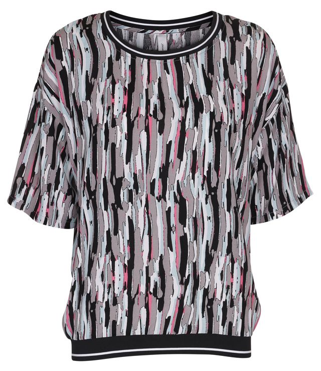 BLOUSE T-SHIRT MOTIF TRIM BLANC & NOIR
