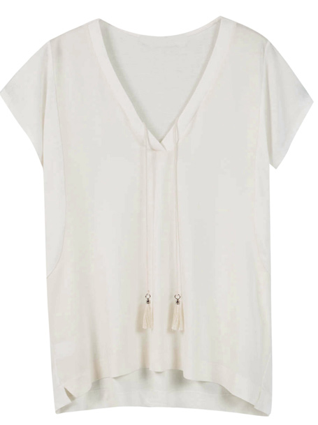 T-SHIRT V-NECK CORDON COL POMPON